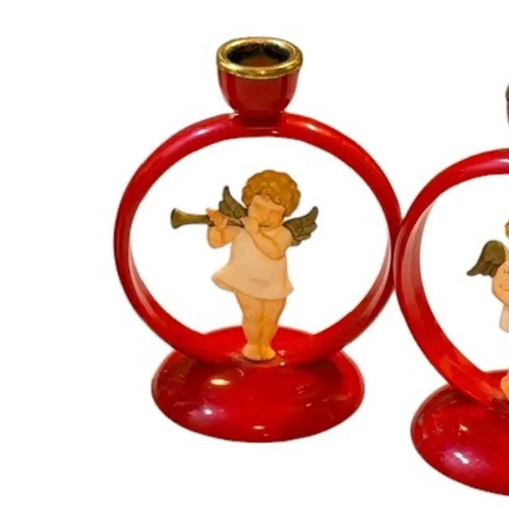 Vintage West German Celluloid Angel Candle Holders Set 5 Red Christmas Choir